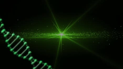 animación de una cadena de adn que gira sobre partículas brillantes de color verde en el fondo