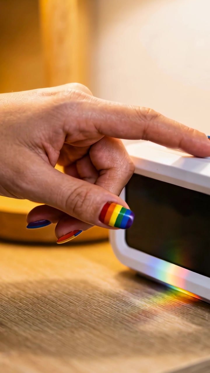 Vertical video: Hovering hand with rainbow nails pushing button on bedside device then lifting away