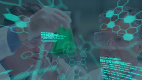 animation of molecules and data processing over diverse scientists in lab