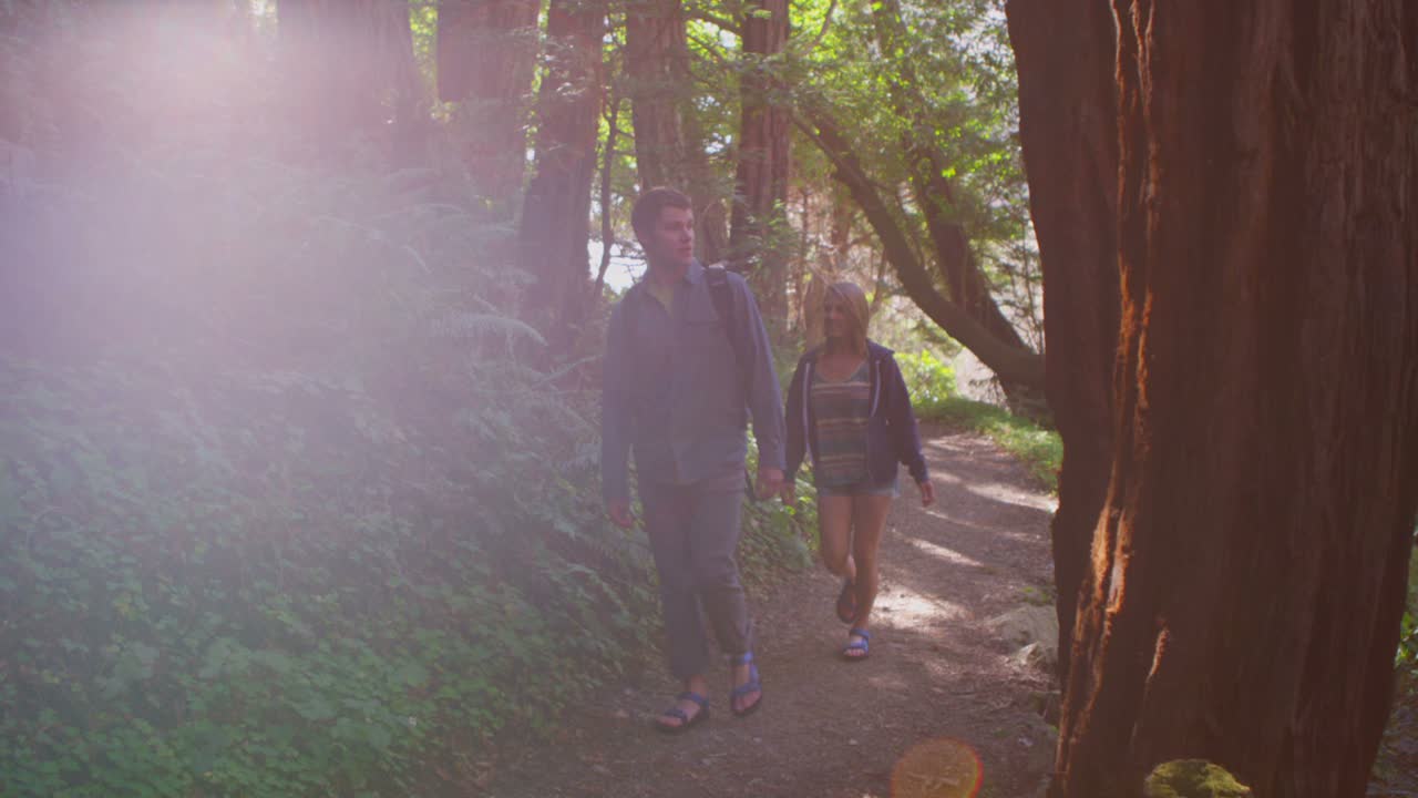 부부는 숲속의 길을 따라 걷고 다리를 건너