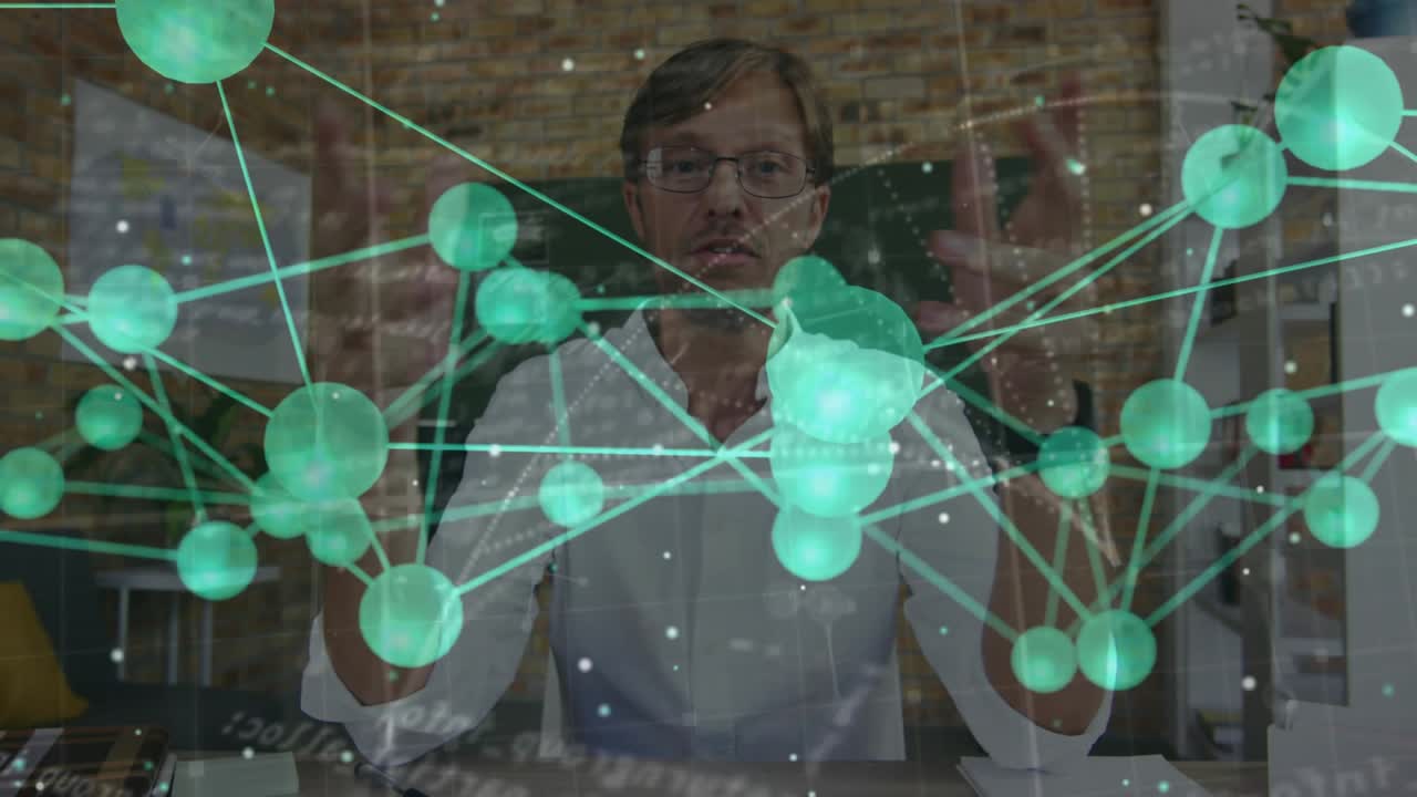 Man clasping hands as holographic network overlay fading into view and tracing nodes in tech demo