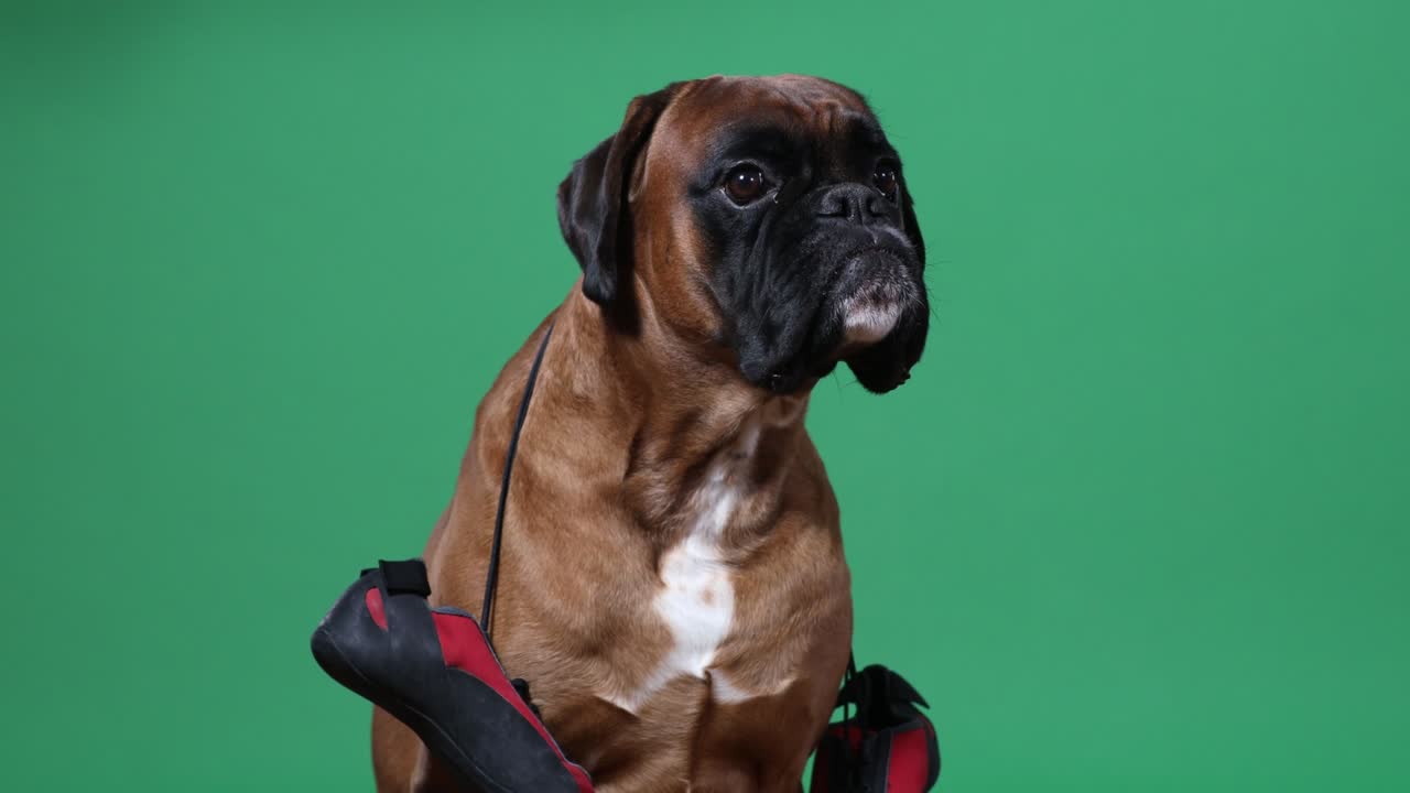 perro boxeador con zapatos de escalada en el fondo de chromakey.