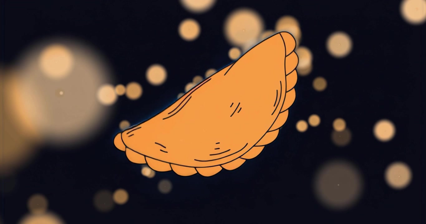Un pasticcino arancione fluttuante che ruota in senso orario per rivelare un lato mentre un bokeh dorato pulsa per il branding.