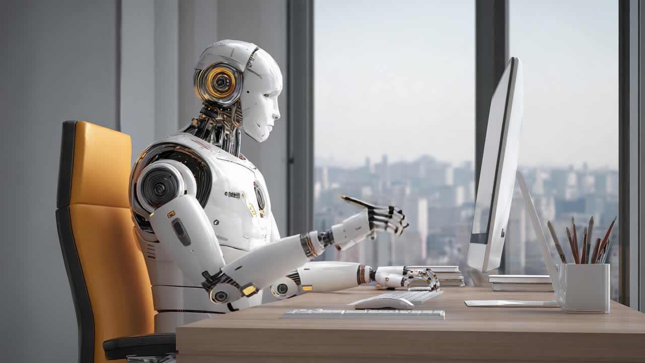 A Futuristic Robot Engaged in Digital Interaction at a Modern Workspace with a City View: Exploring AI Capabilities and Human-like Features