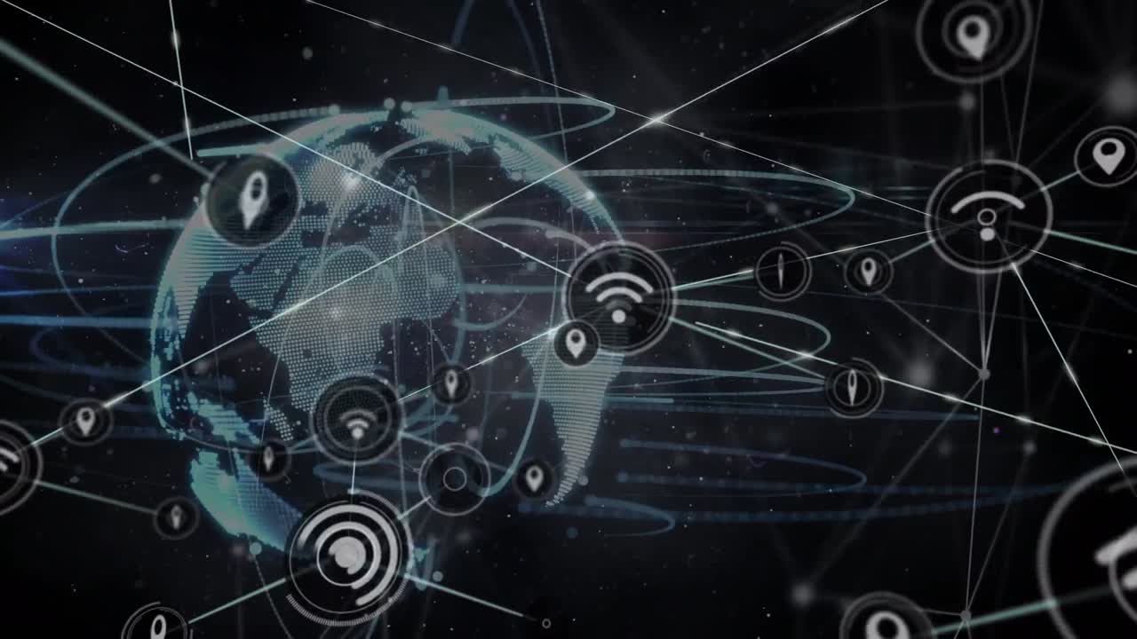 Animation of network of connections with icons over globe on black background