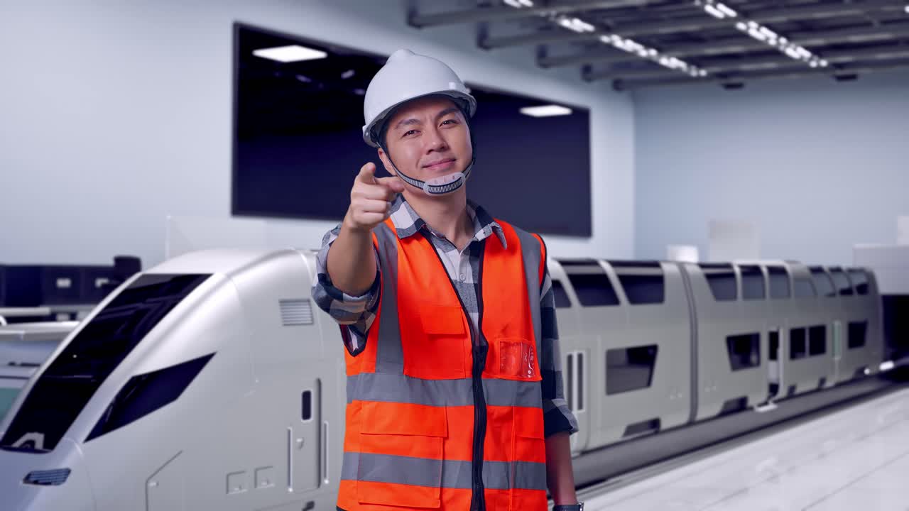 Ingeniero asiático con casco de seguridad sonriendo y tocándose el pecho, luego señalándote mientras está de pie, tren futurista de alta velocidad en unas modernas instalaciones de prueba