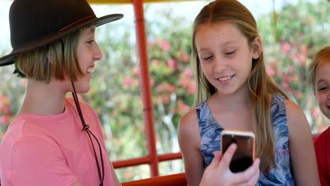kids taking selfie with mobile phone in the garden 4k