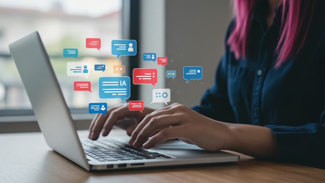Engaging in Digital Communication: A Person Typing on a Laptop with Colorful Chat Bubbles Representing Messages and Interactions in a Modern Workspace