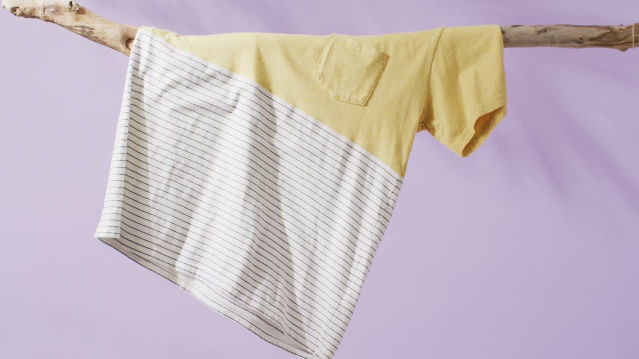 Video of close up of white and yellow t shirt hanging branch on purple background