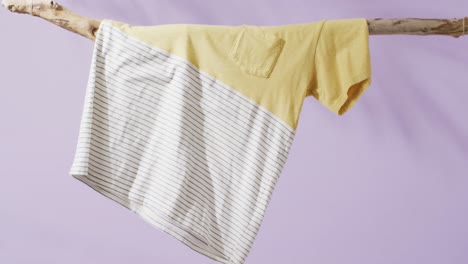 video of close up of white and yellow t shirt hanging branch on purple background