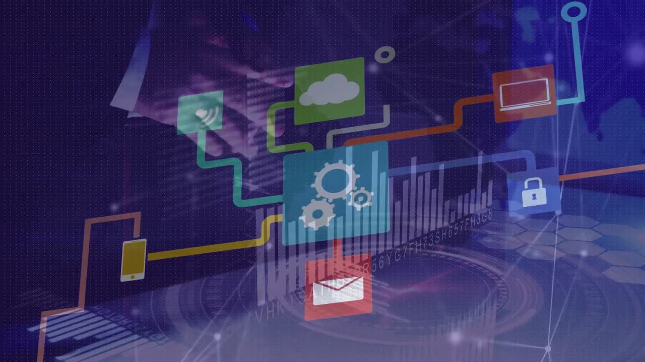 animación de conexiones con iconos y procesamiento de datos.