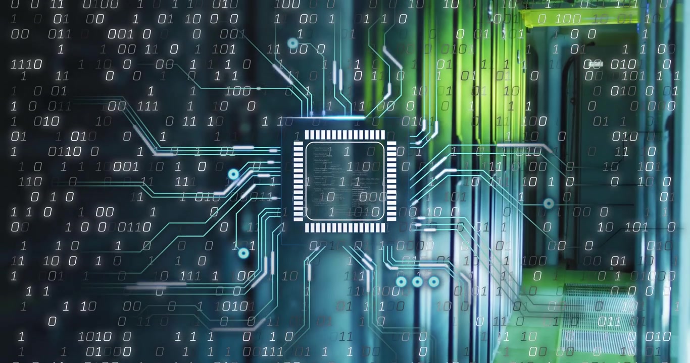 Microchip appearing over data center aisle, emitting circuits, cascading binary, showing data flow