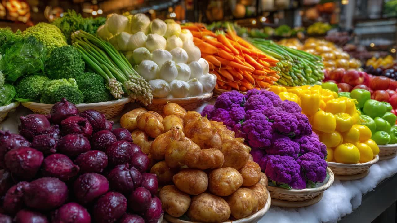 A Colorful Display of Fresh Vegetables and Fruits at a Market Stall, Showcasing Rich Textures and Vibrant Colors to Tempt Passing Shoppers