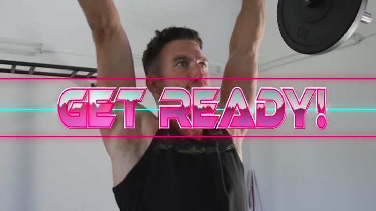 Animation of get ready text with caucasian man at gym