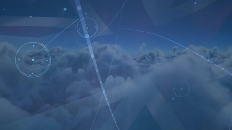 Animation-of-network-of-connections-with-flag-of-united-kingdom-over-clouds-in-background