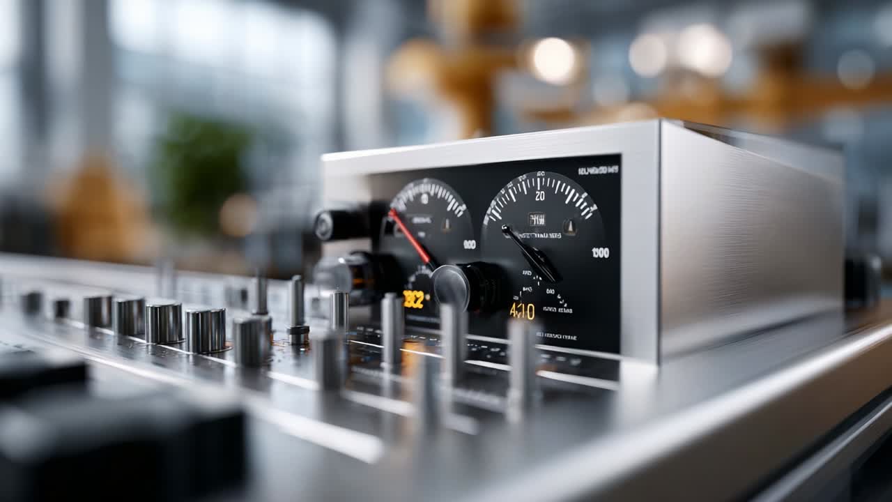 An intricate close-up view of a high-fidelity audio mixing console showcasing precise volume and equalization controls with illuminated gauges indicating levels and clarity, set in a modern studio environment