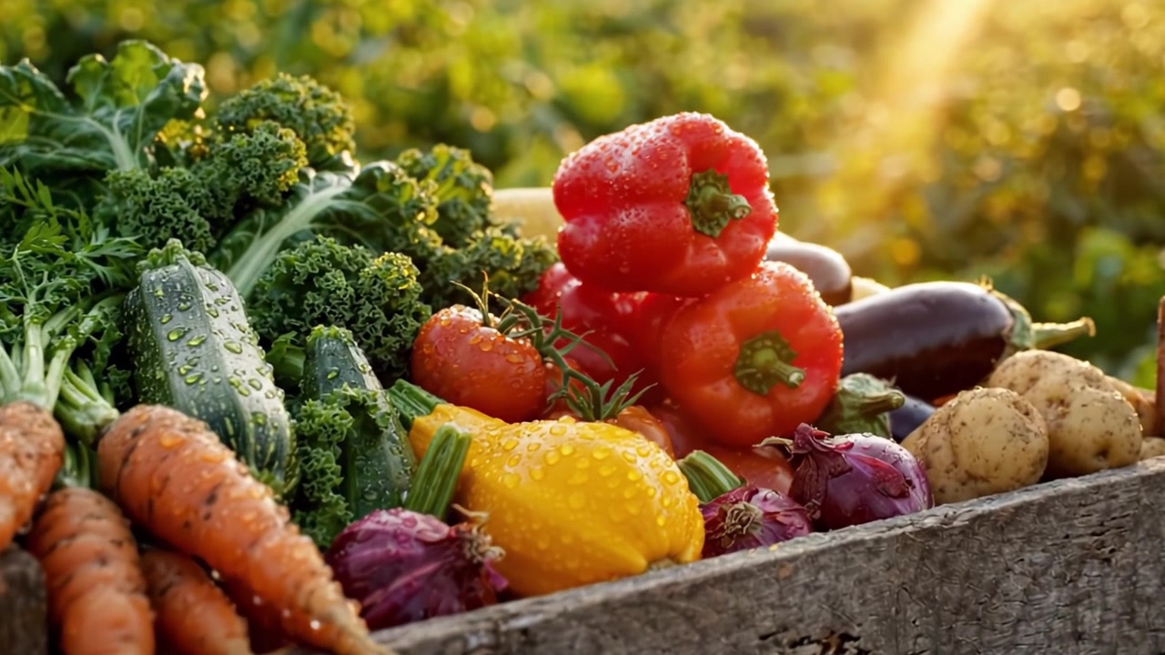 Un raccolto abbondante: Una vivace collezione di verdure fresche e colorate che mostra l'abbondanza della natura e la gioia della vita dalla fattoria alla tavola