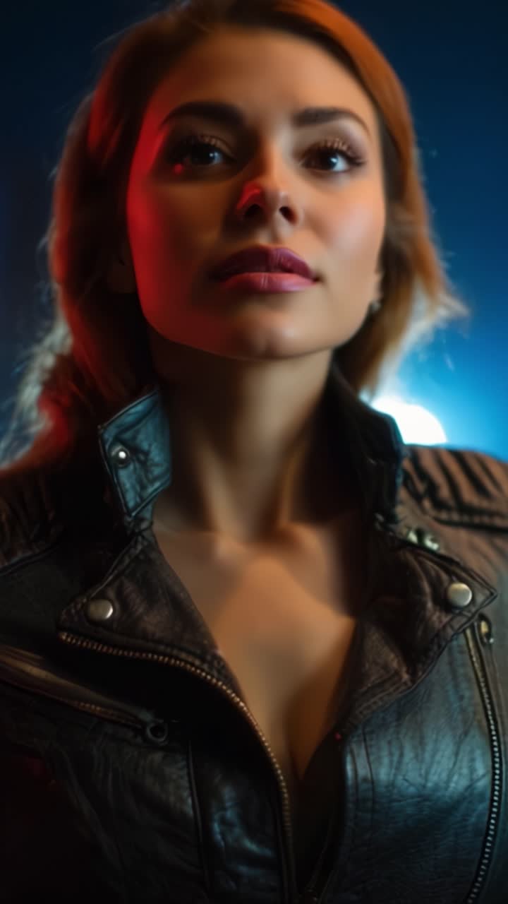 Un ritratto accattivante di una donna vestita con un'elegante giacca di pelle, illuminata da luci vivaci, che mostra una fusione di eleganza e design audace in un contesto urbano.