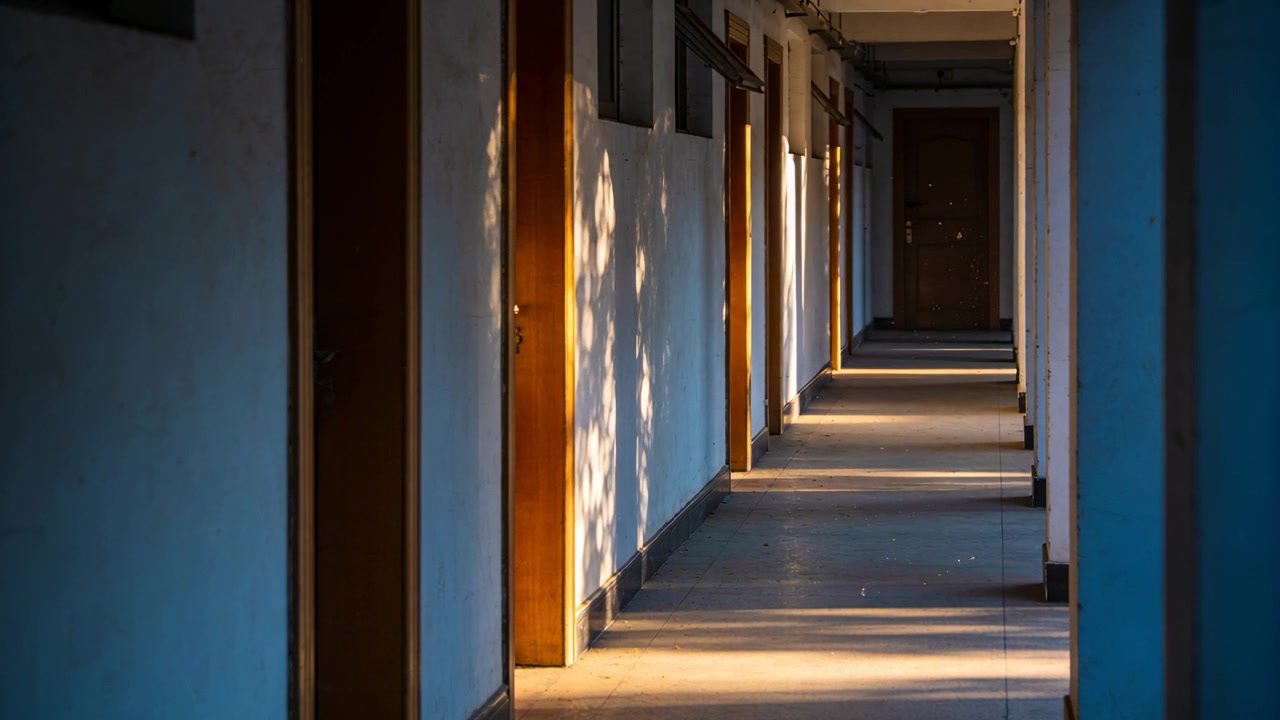 Entering from left sunlight drifting, casting leaf-shaped shadows down corridor with wooden doors