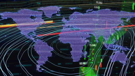 animación de la red de conexiones y procesamiento de datos sobre el mapa del mundo