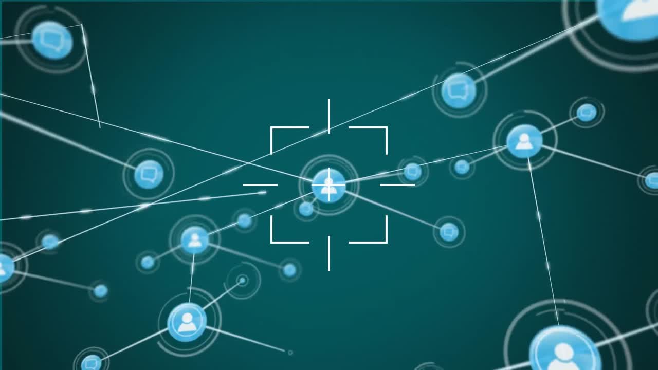 animación del alcance blanco y la mira central con iconos de personas azules conectados sobre fondo verde