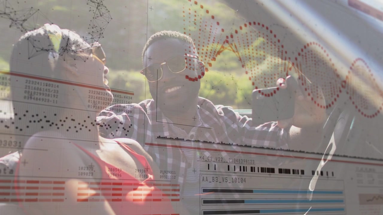 Man holding smartphone taking selfie in car while woman laughing, data overlay framing for tech