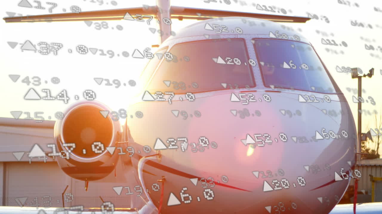 Airplane on tarmac with financial data and stock symbols overlay animation