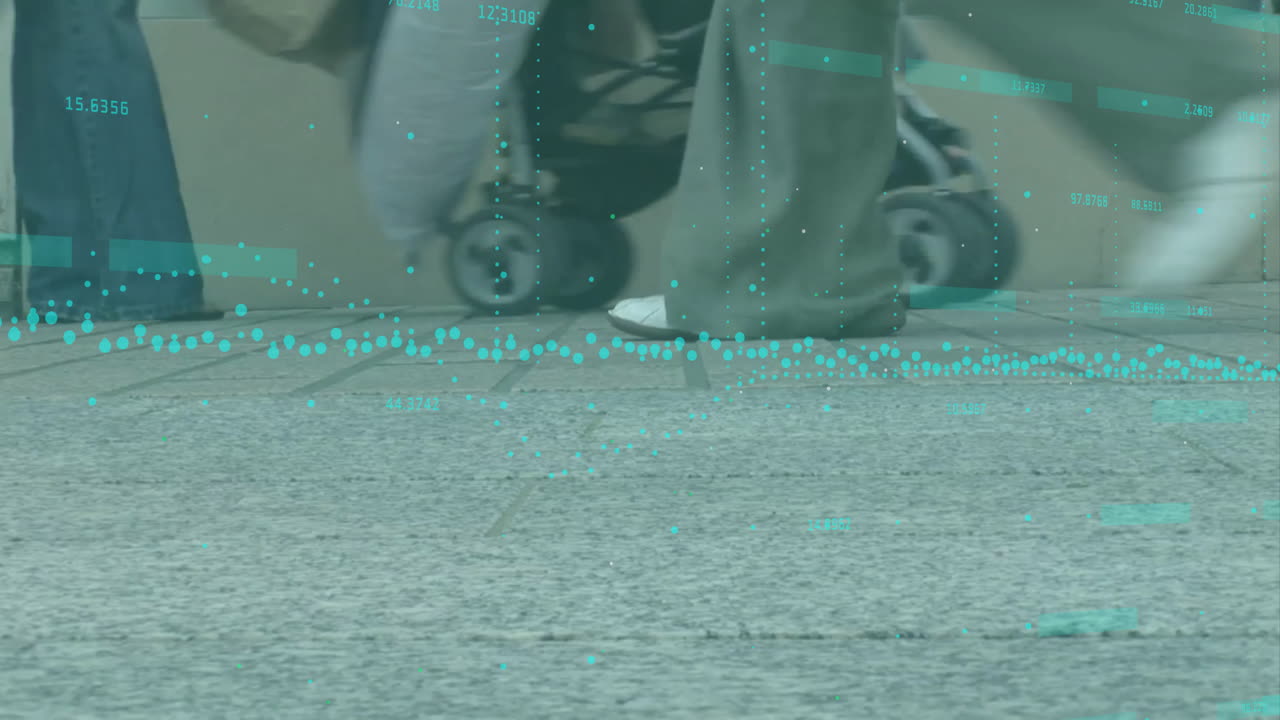 Walking on pavement, people interacting with digital animation data visualization