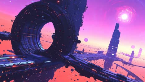 alien floating city in a pink nebula