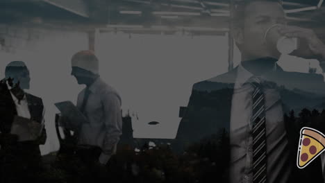 animación de rebanadas de pizza flotando sobre hombres de negocios en la oficina