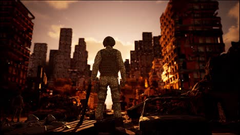 video game animation of a soldier watching a nuclear explosion during war on the combat field, military war zone concept