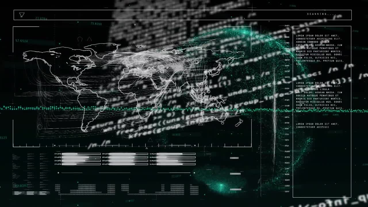 animación del procesamiento de datos financieros en el mapa del mundo y el globo