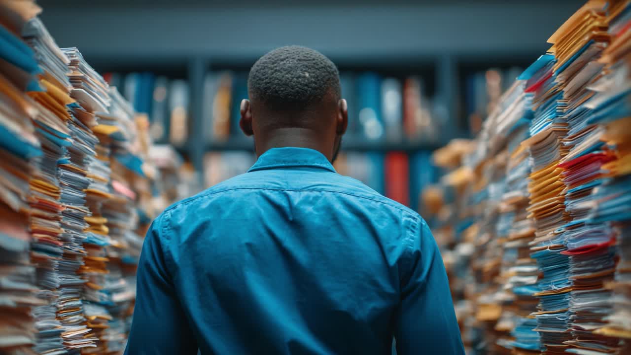 Navigating the Archive: A Man Contemplates Amidst the Overwhelming Array of Files and Documents in a Dense, Organized Workspace