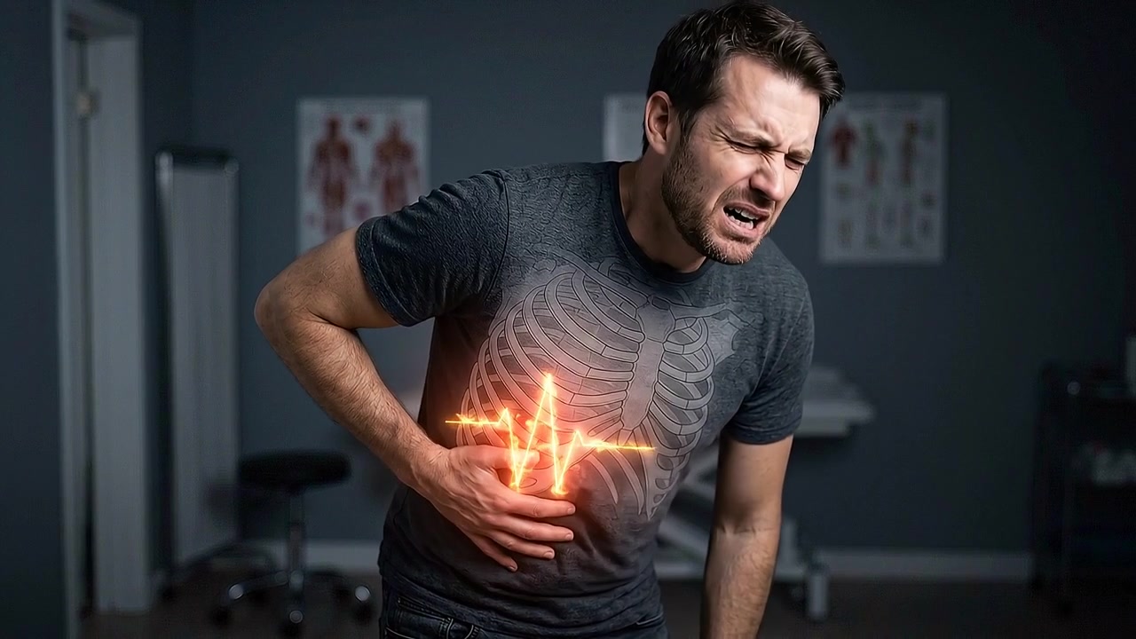 Man clutching painful side and abdomen against dark background in realistic medical scene