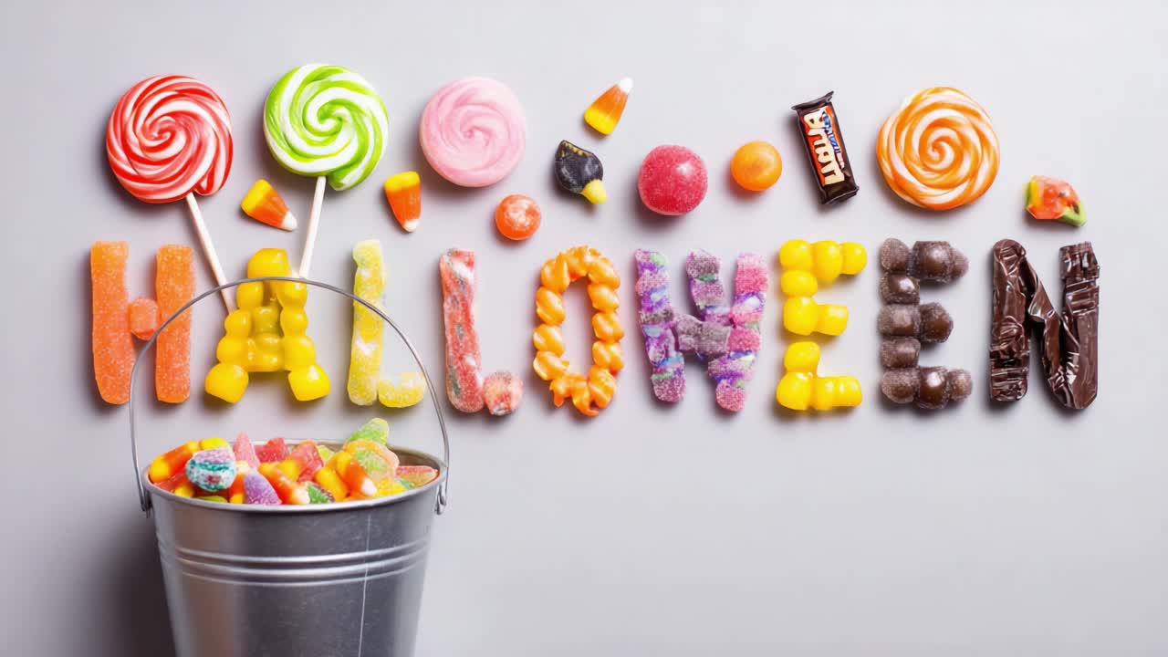 Festive Halloween candies spelling the word on a grey background with a bucket full of sweets for a trick or treat party, showing lollipops, gummies, and chocolates in a top down view