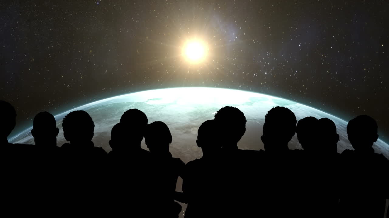 사람들의 애니메이션 그림자와 지구와 우주에서 태양