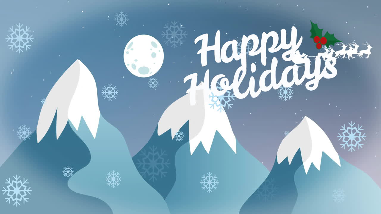 Happy Holidays text animation over snowy mountains with moon and snowflakes