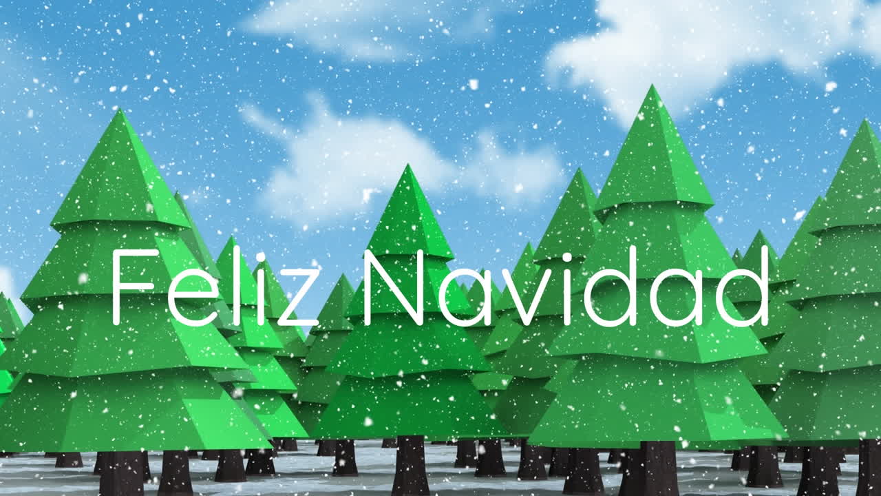 animación de felix navidad texto pancarta y nieve cayendo sobre los árboles en el paisaje de invierno