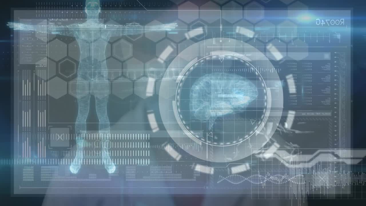 의료 데이터 처리와 함께 미래의 화면을 만지는 여성 의사