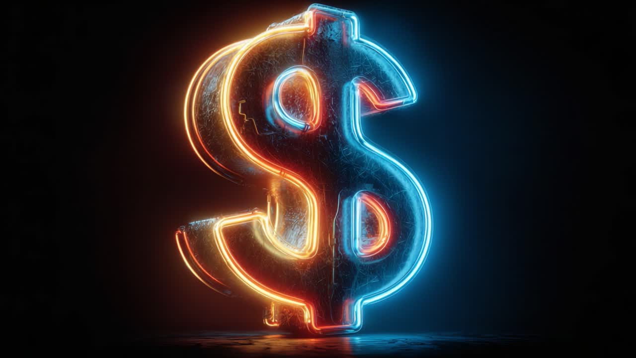 Segno del dollaro illuminato in blu neon e arancione su uno sfondo scuro, che cattura l'attenzione e simboleggia ricchezza, finanza e prosperità in un'immagine sorprendente.