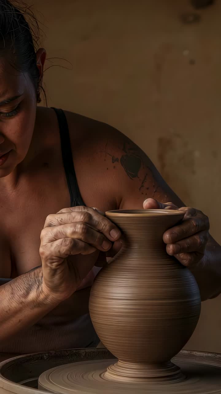 Video verticale: modellatura di un vasaio al tornio in studio, canotta nera, creazione di un vaso con le mani
