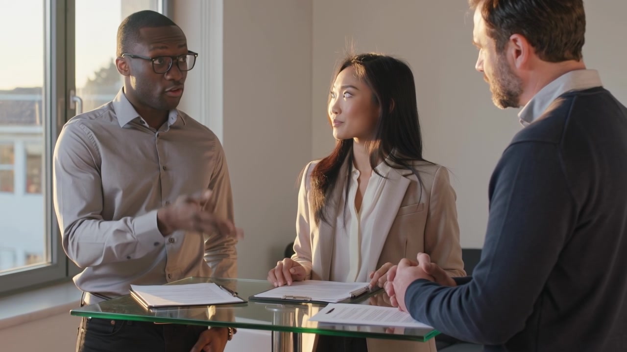 Diverse group of business professionals having a discussion in a modern conference room during a meeting.