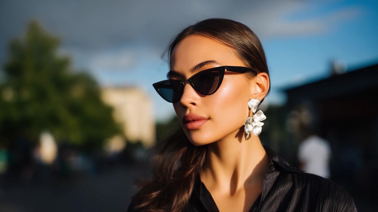 Donna Elegante in Posa all'Aperto con Occhiali da Sole Chic Cat-Eye e Orecchini Eleganti, Che Esibisce una Moderna Affermazione di Moda Sotto un Bellissimo Cielo Serale.