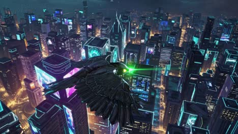 cyberpunk city at night with a flying raven