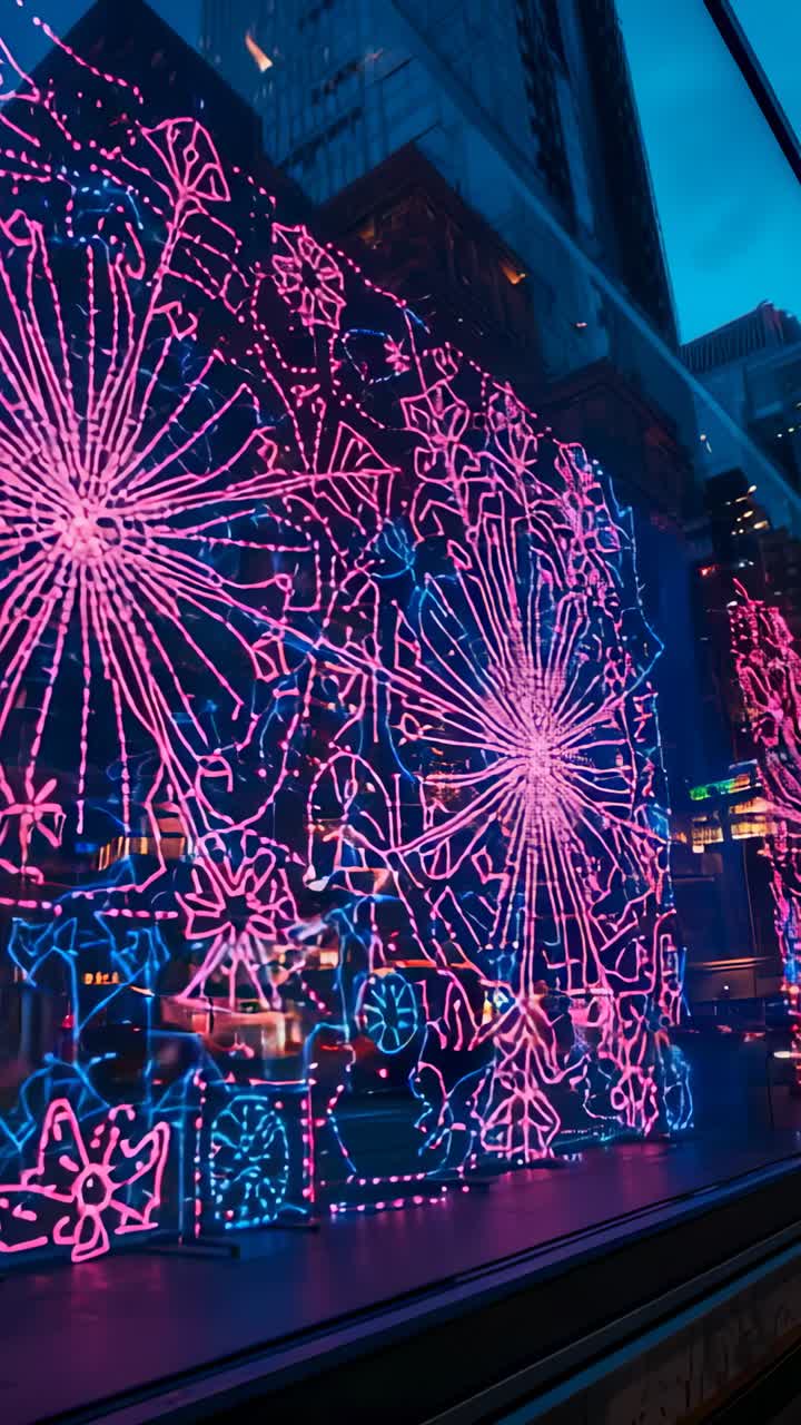 Vertical video: Panning shot showing neon art on window pink-blue designs, traffic reflections