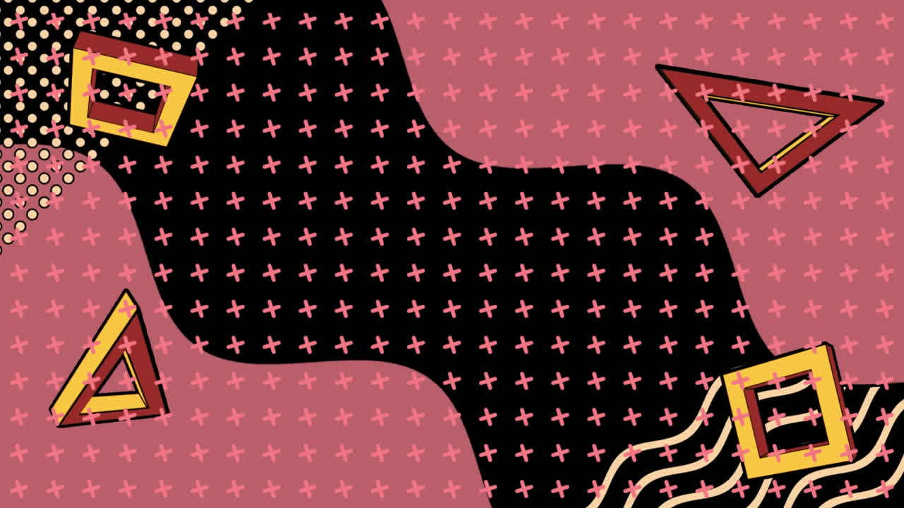 검은 바탕에 회전하는 삼각형, 파동, 십자가 및 추상적인 모양의 애니메이션