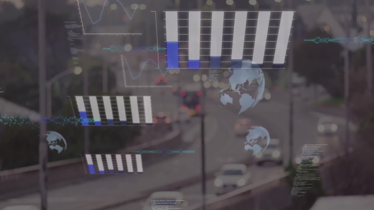 animación del procesamiento de datos frente a la vista aérea del tráfico de la ciudad.