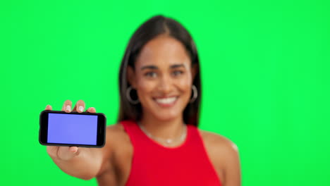 Happy-woman,-phone-and-mockup-on-green-screen