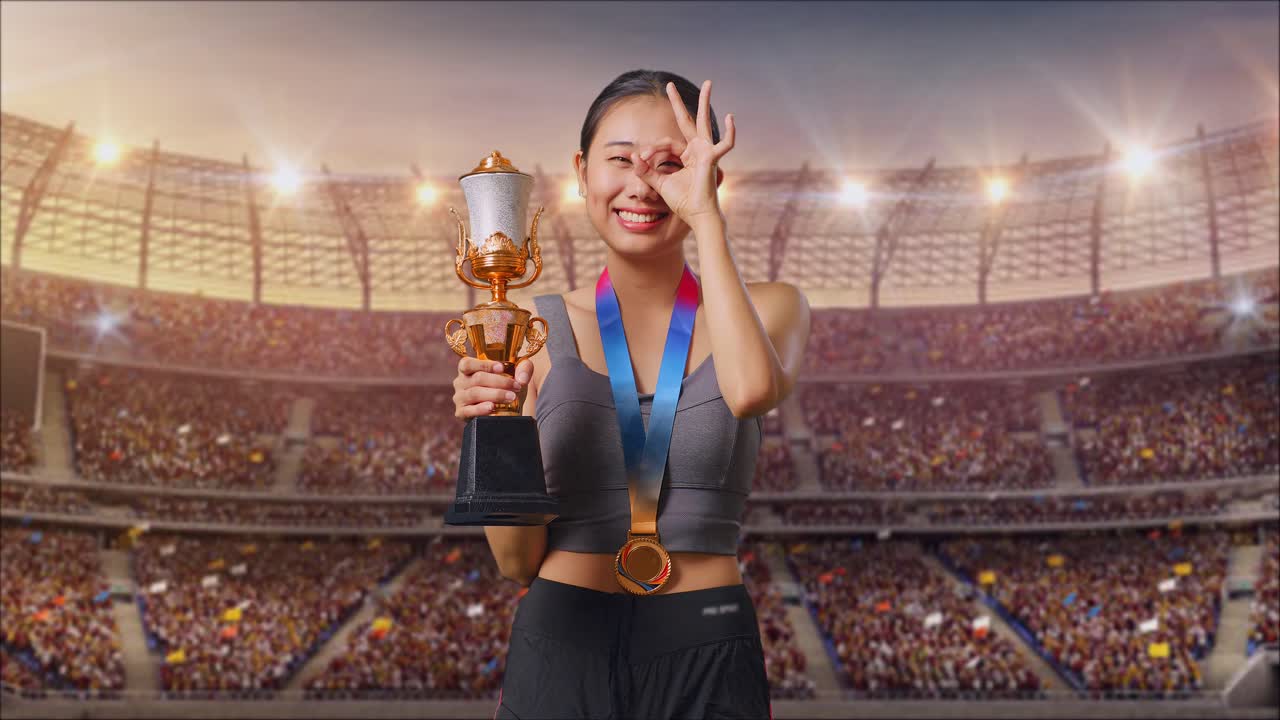 Woman celebrating victory with a trophy in a stadium