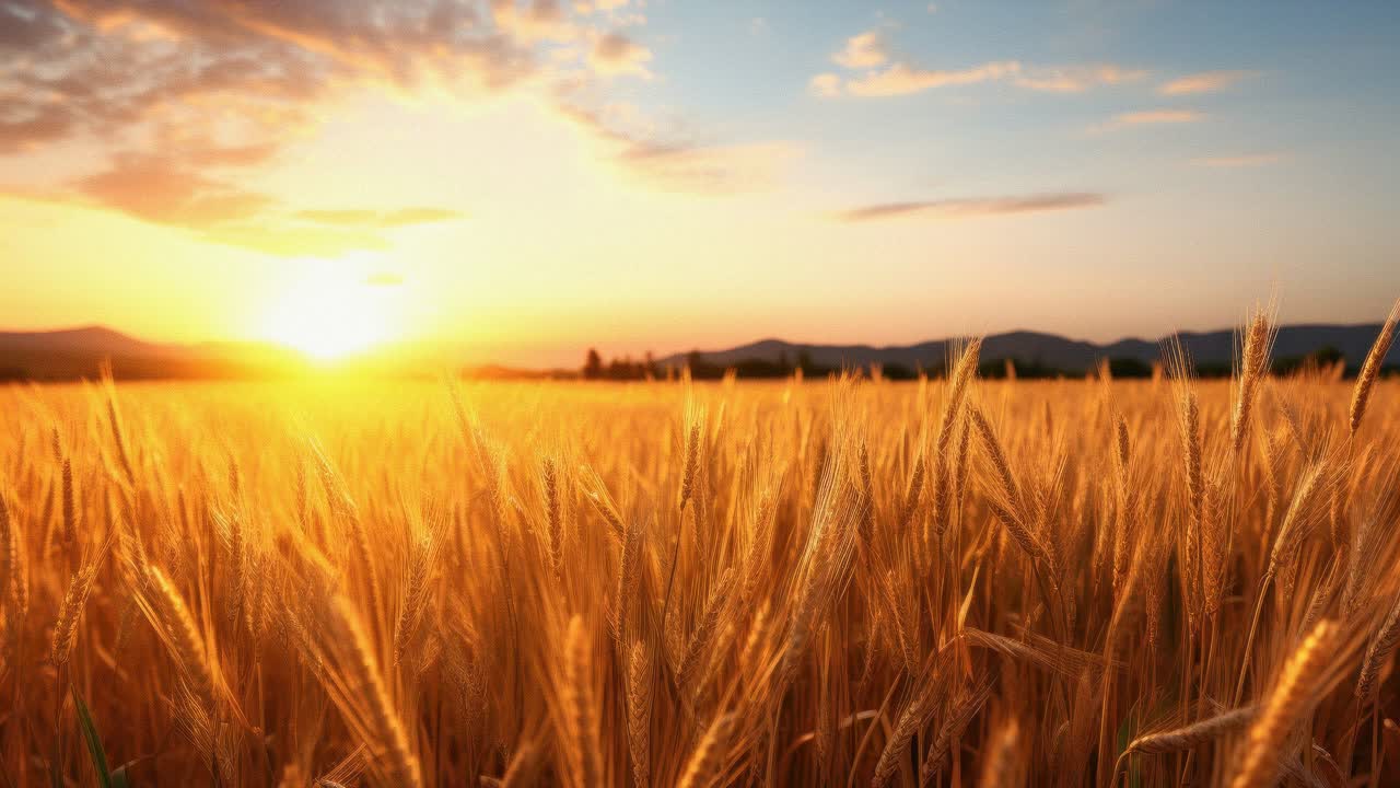 A stunning sunset over a wheat field captured in a wide-angle video shot, showcasing dramatic clouds